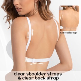 Amafuur Women's Deep V Plunge Padded Push Up Bras with Clear Straps Backless Convertible Low Cut Underwire Bra White 40B