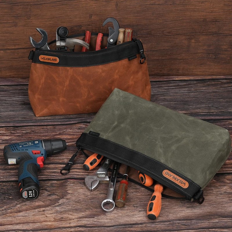 WELKINLAND 2-Pack Heavy-Duty Waxed Canvas Tool Pouches, 14-Inch Zippered Tool
