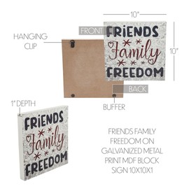 VHC Brands Patriotic Friends Family Freedom On Galvanized Metal Print MDF Block Sign 10x10x1, Independence Day Decor, Decorative Sign, Rustic Farmhouse Fourth of July Decorations