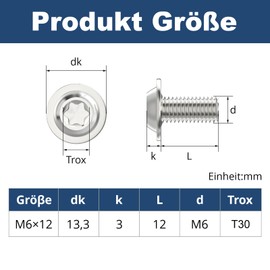 Pack of 20 M6 x 12 mm Rounded Head Screws with Flange Torx Drive Stainless Steel A2 Screws with Torx Key