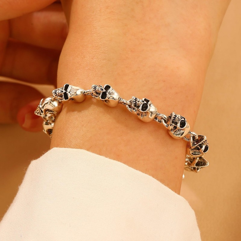 IXDEAXLY Punk Stainless Steel Skull Linked Chain Bracelet Skull Jewelry