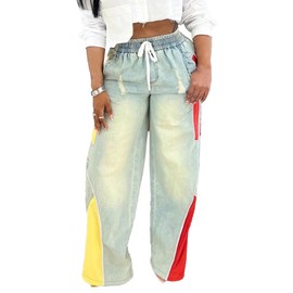 YOOTIKO Women Striped Drawstring Jeans Elastic High Waisted Straight Wide Leg Baggy Sweatpants Jeans Blue