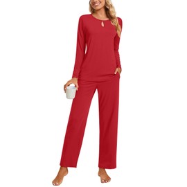 Aodemo Women's Fall 2 Piece Pajama Sets, Long Sleeve Keyhole Lounge Sleepwear Ladies Pjs Sets with Pockets XL, Red