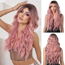 Oufei Ombre Pink Wig for Women, Long, Curly Wig with Fringe, Synthetic Hair, Heat-Resistant, for Daily Wear, Parties, Cosplay