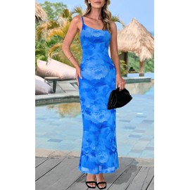 PRETTYGARDEN Womens Summer Dresses Spaghetti Strap Floral Maxi Dress Sleeveless Long Bodycon Dresses Wedding Guest Dress (Blue Floral, Medium)