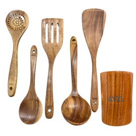 Wooden Spoons for Cooking, Wooden Cooking Utensils Set, Nonstick Kitchen Cookware – 5-piece set of wooden utensils with holder
