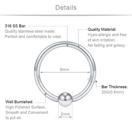 SCERRING 12PCS 20G 8mm Nose Hoop Lip Eyebrow Tongue Helix Tragus Cartilage Septum Piercing Ring - Silver