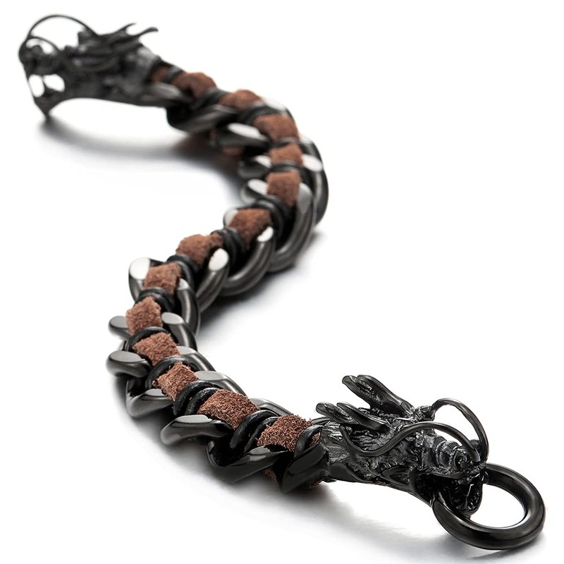COOLSTEELANDBEYOND Striped Design Black Curb Chain Braided Leather Bracelet Dragon
