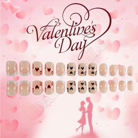 RIICFDD 24 Pcs Heart Press on Nails Short Square Fake Nails Valentines Day False Nails Heart Glue on Nails Spades Stick on Nails Full Cover Acrylic Nails for Women French Nails