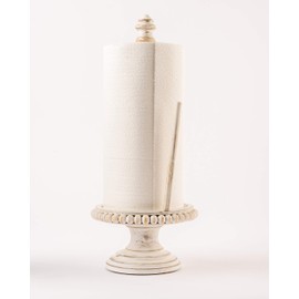 Mud Pie 47100002 Farmhouse Washed Beaded Wood Pedestal Paper Towel Holder, 16" x 6" Dia, White, Grey