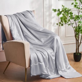 YASMENG Light Grey Cooling Satin Throw Blanket 50 x 60 inches Soft Lightweight Silky Bed Blanket for Couch, Sofa, Camping, Bed, Outdoor, Travel, Car
