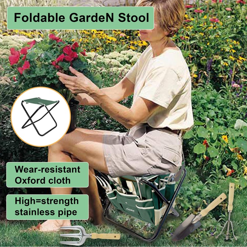 7 Piece Garden Tool Set Including Folding Stool with Tool