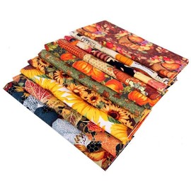 BrightGlow Pack of 10 Thanksgiving Cotton Fabrics Patchwork Sunflower Pattern Fat Quarter Bundles Pumpkin Fabric Squares Autumn Maple Plaid Patchwork Printed Cotton Fabric Sets for DIY Crafts 25 x 25