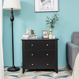 Giantex Drawer Chest with 3 Drawers,Solid Curved Legs and Double Handled Bedside Table Storage Dresser Cabinet for Bedroom, Living Room, Entryway, Nursery 28x 18x 26 Inch Drawer Dresser (Black)