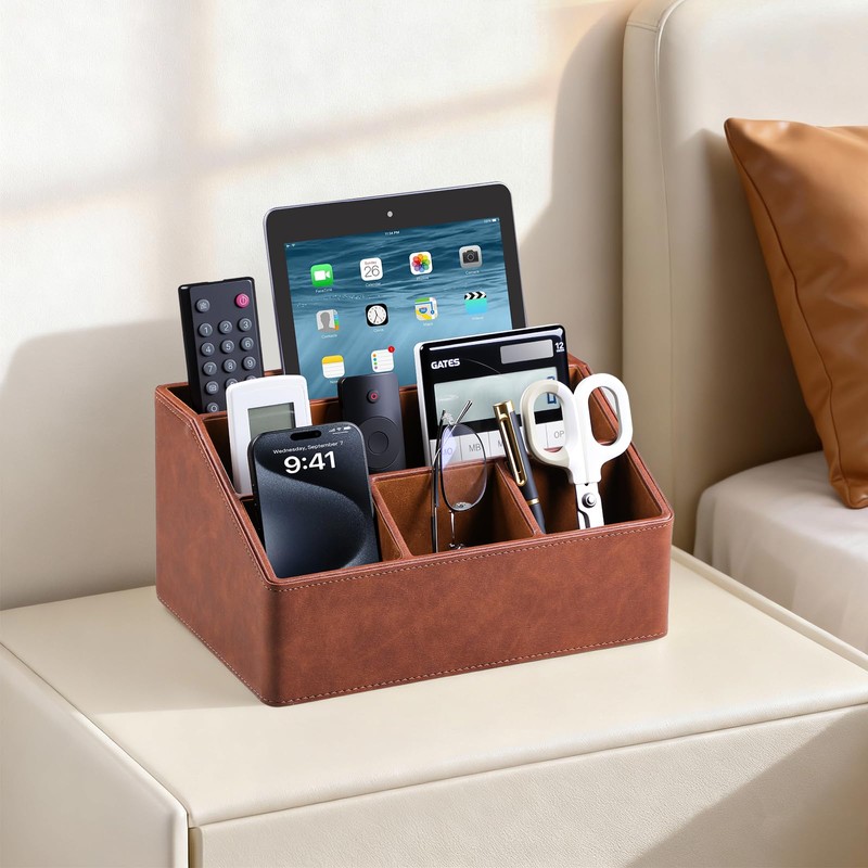 MEIBOOCH PU Leather Desk Organizer, Luxury Remote Control Holder for
