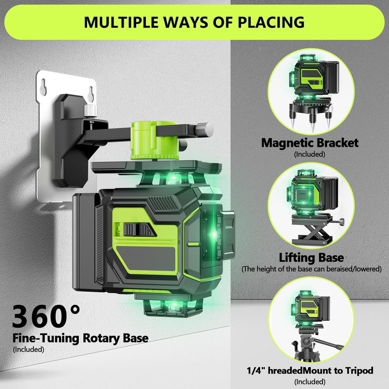 16 Line Laser Level 360 Self Leveling, 4x360°Professional 4D Green