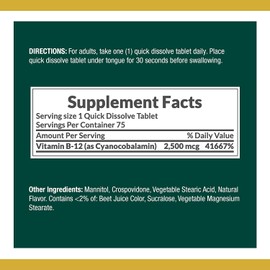 Vitamin B12 by Nature's Bounty, Quick Dissolve Vitamin Supplement, Supports Energy Metabolism and Nervous System Health, 2500mcg, 75 Tablets