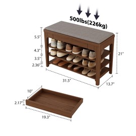 YQJJGL Small Shoe Bench with Storage, Wooden Shoe Storage Bench with Cushion&Hidden Drawer, 3-Tier Shoe Rack Bench for Entryway, Mudroom, Hallway
