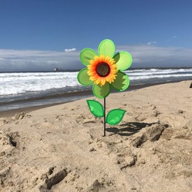 In the Breeze 2702 — 12-inch Green Sunflower Wind Spinner with Leaves — Colorful Flower for Yard and Garden