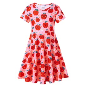 ALISISTER Little Size 8 Girls Back to School Dress Apple Pencils Dresses Party Outfits Short Sleeve Twirl Sundress Size 7-8 Pink