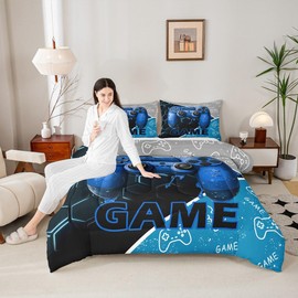 Gaming Boys Kids Comforter Set Toddler Size,Blue Video Game Consoles Gamepad Reversible Quilt Set for Boys Bedroom Decor,Geometric Honeycomb Gamer Room Decor Duvet Insert,1 Pillowcase