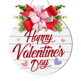 Happy Valentine's Day Door Sign, Wooden Hanging Sign for Front Door Rustic Farmhouse Valentines Day Wood Wreath Door Hanger for Wall Indoor Outdoor Porch Decoration