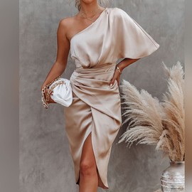 Odizli Women's Elegant Sexy One Shoulder Satin Party Dress with Slit Bodycon Cocktail Dress, champagner