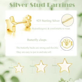 Cangall Silver Stud Earrings for Women, 3 Pairs 925 Sterling Silver Star Stud Earrings Set, Hypoallergenic Flat Dot Star Studs Earrings Gold, Tiny Cartilage Sleeper Stud Earrings for Girls Men Teens