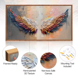 Aurlan Angel Wings Hand Painted Framed Wall Decor(40"x20"), Large Abstract Colorful Feather 3D Textured Oil Painting Canvas Artwork, Modern Contemporary Inspirational Wall Art for Living Room Bedroom