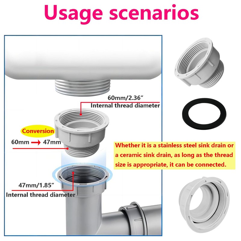 Qrity Kitchen Sink Drain Pipe Joint Thread Hose Connector 60