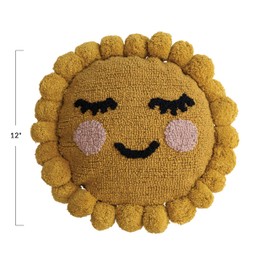 Creative Co-Op, Yellow, Cotton Punch Hook Sun Shaped Pillow with Face Pom Trim, Black and Pink