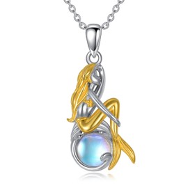 YAFEINI Mermaid Necklace for Women 925 Sterling Silver Moonstone Necklace Mermaid Pendant with Moonstone Mermaid Jewellery Gift for Girls, Sterling Silver, Moonstone