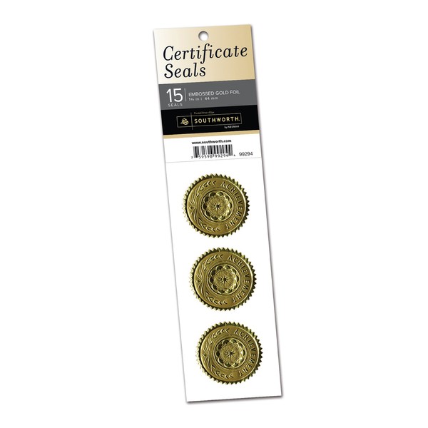 Southworth Foil Embossed Certificate Seals, 1.25” x 2”, Gold"Achievement", 15 Seals (99294)
