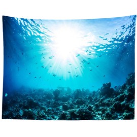Loccor Underwater World Tapestry Blue Ocean Under the Sea Reef with Sunlight Marine Aquatic Wall Hanging Ocean Theme Birthday Party Decorations Home Wall Decor 60''x40''