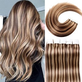 VINBAO Invisible Tape-In Hair Extensions, Tape Extensions, Real Hair, Blonde Highlighted Dark Brown to Caramel Blonde, 50 cm, 20 Pieces / 50 g, #4P27