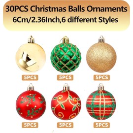 KAHEIGN 30Pcs Christmas Baubles, 6CM Red Green Gold Christmas Ball Ornaments Shatterproof Christmas Hanging Balls Sets for Christmas Tree Holidays Home Xmas Party Decoration (6 Styles)