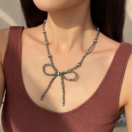Navajo Pearl Bow Necklace - Western Jewelry for Women, Country Cowgirl Style, Turquoise Bow Elegant Pearl Necklace, Stylish Western Jewelry for Women (Style 01-Bow)