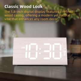 Odokee Wooden Digital Alarm Clock for Bedroom: Electric Desk Clock with Large LED Display - White