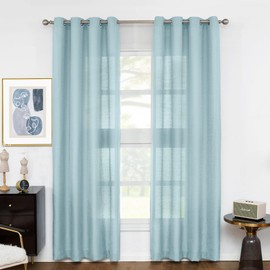Melodieux Blue Semi Sheer Curtains 96 Inches Long for Living Room Bedroom Flax Linen Grommet Voile Drapes, 52 by 96 Inch (2 Panels)