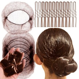 Puanela Chignon Net, Asiana Net, Hair Net, Bun Net, 20 Pieces, U Pins 40 Piece Set (Brown)