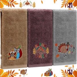 Fanfanwin 3 Pcs Thanksgiving Hand Towels for Bathroom 13.8 x 29.5 Inch Fall Decorative Bath Towels Sets 100% Cotton Embroidered Pumpkin Autumn Maple Bathroom Decor(Beige,Turkey)