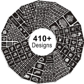 Temporary Tattoo Stencils, 15 Sheets, 410+ Pieces, Glitter Henna Tattoo Stencils with Makeup Stencils for Children and Adults, Halloween Party