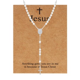 MILAKOO Rosary Beads Catholic Necklace for Women Men Pearl Cross Y Pendant Chain with Stainless Steel Crucifix and Jesus Card, Stainless Steel, No Gemstone