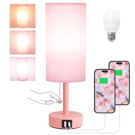 Hong-in Pink Table Lamp with USB-C and USB-A Charging Ports, Pull Chain, Nightstand Lamp for Bedrooms Living Room, LED Bulb Included