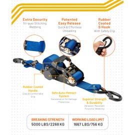 Strapinno 2PCs Retractable Ratchet Tie-Down Straps,5,000 lbs Breaking Strength- 2 in x 12 ft Heavy Duty Ratchet Strap with Safety Lock S Hooks for Motorcycles, ATVs, UTVs, Lawn Equipment & Cargo -Blue