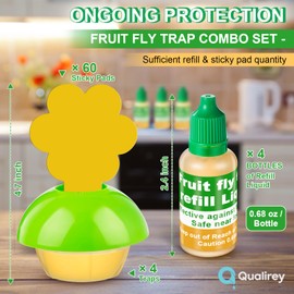 Qualirey Fruit Fly Trap for Indoors, 4 Pack Fruit Fly Trap with 4 Refill Liquid and 60 Yellow Sticky Pads, Safe Near Pets, Food and Kids, Fruit Flies Lure Liquid Trap for Home Kitchen
