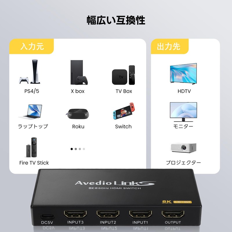 avedio links HDMI Switcher 8K 60Hz HDMI Selector 5 inputs