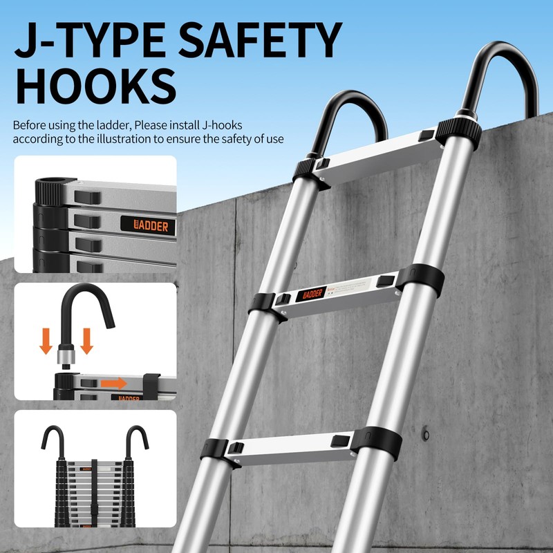 Telescoping Ladder,Aluminum with Stable Hook and stabilizer barand,12.5FT Lightweight Multi-Purpose