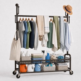 ANJIYP Rolling Clothes Drying Rack with Lockable Wheels, Heavy Duty Metal Laundry Drying Rack with 5 Hooks and 2-Tier Drying Shelves, Drying Rack Clothing for Indoor and Outdoor Use