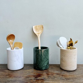 StonePlus Handmand Natural Marble Stone Vintage Kitchen Utensil Holder - 5.1" D X 6.3" H Kitchen Counter Organizers and Storage Tool Crock (Jazz White)